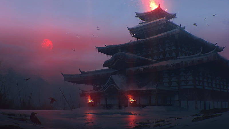japanese building, temple, flames, architecture, Fantasy, HD wallpaper