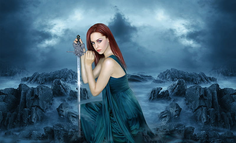 Sword, popescu, art, bonito, woman, titus, fantasy, warrior, girl, serene, grey, princess, sword, blue, HD wallpaper
