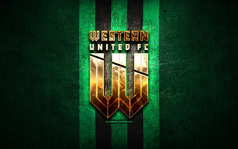Western United FC, golden logo, A-League, green metal background, football, Western United, Australian football club, Western United logo, soccer, Australia, HD wallpaper