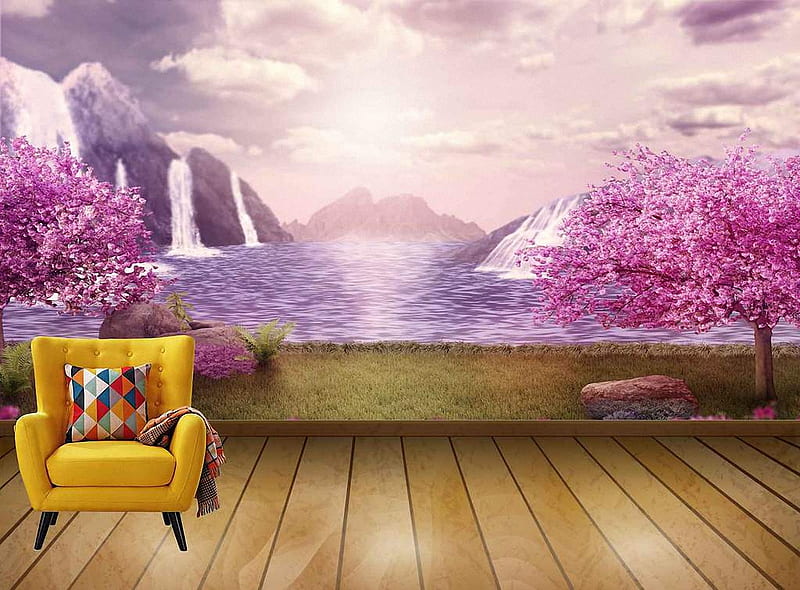 Breathtaking View, armchair, river, mountains, waterfalls, HD wallpaper