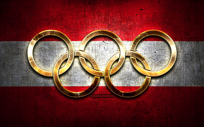 Austrian olympic team, golden olympic rings, Austria at the Olympics, creative, Austrian flag, metal background, Austria Olympic Team, flag of Austria, HD wallpaper