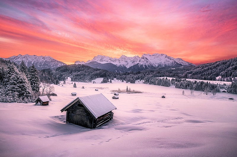 Snow in Bavaria, germany, snow, mountains, colors, sunset, clouds, sky, alps, HD wallpaper