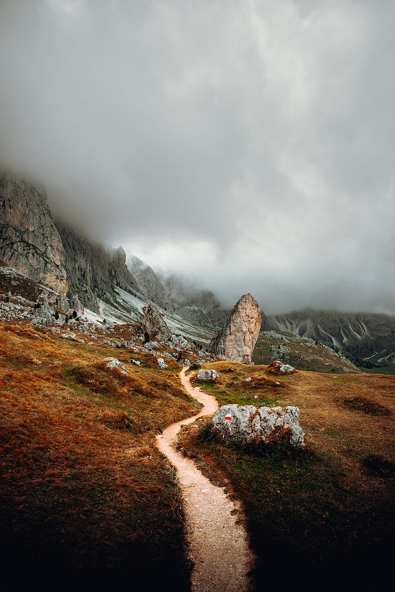 mountains, stones, clouds, trail, road, nature, HD phone wallpaper