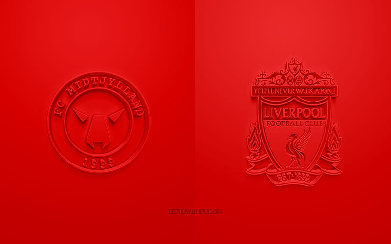 FC Midtjylland vs Liverpool FC, UEFA Champions League, Group D, 3D logos, red background, Champions League, football match, Liverpool FC, FC Midtjylland, HD wallpaper