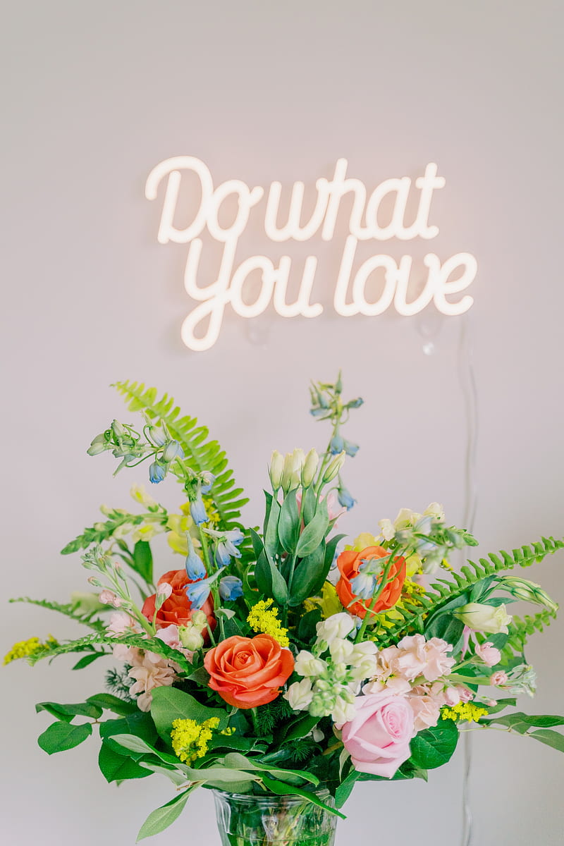 bouquet, love, flowers, inscription, neon, HD phone wallpaper