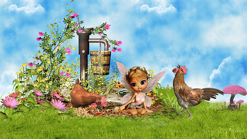 Summers Friendly Chickens, water pump, rooster, fae, spring, sky, clouds, bucket, pixie, hen, summer, flowers, mushrooms, lawn, fairy, HD wallpaper