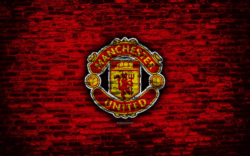 Manchester United FC, logo, red brick wall, Premier League, English football club, soccer, football, The Red Devils, brick texture, Manchester, England, HD wallpaper