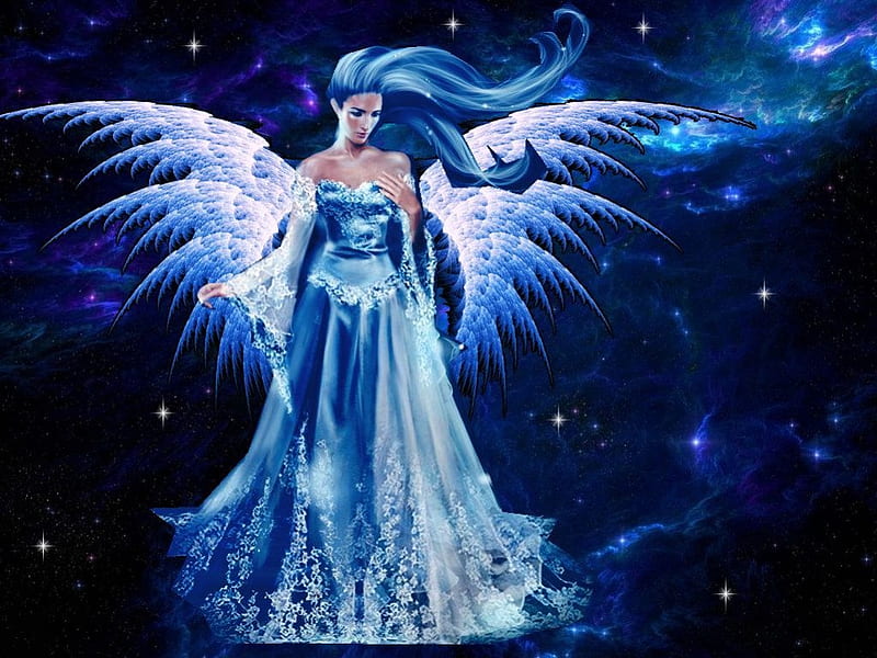 Blue Angel Best Viewed 1024 X 768, stars, angel, black, white, clouds, sky, blue, night, HD wallpaper
