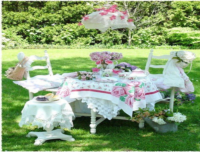 Fancy Garden Tea Party, pretty, grass, tea, girly, lunch, party, garden, dine, pink, HD wallpaper