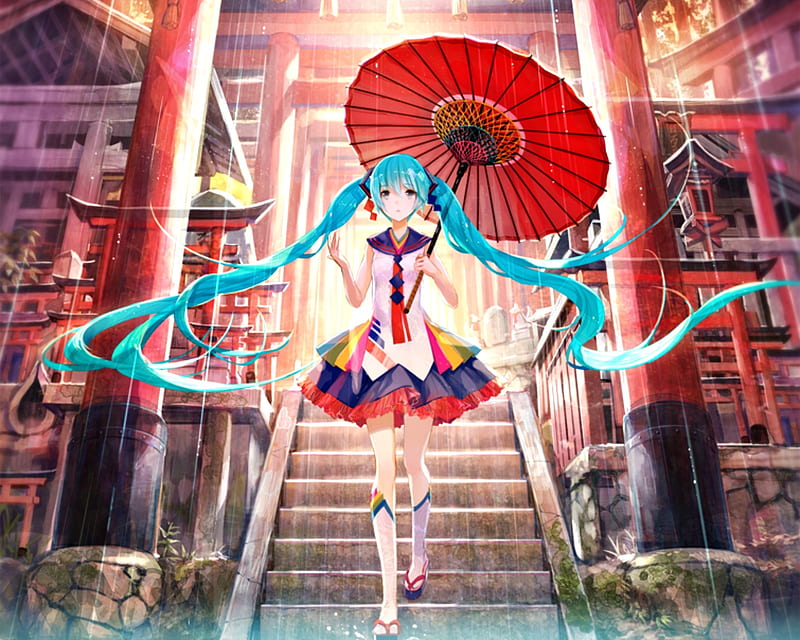 Hatsune Miku, red, vocaloid, fuji chocko, umbrella, manga, girl, anime, rain, parasol, blue, HD wallpaper
