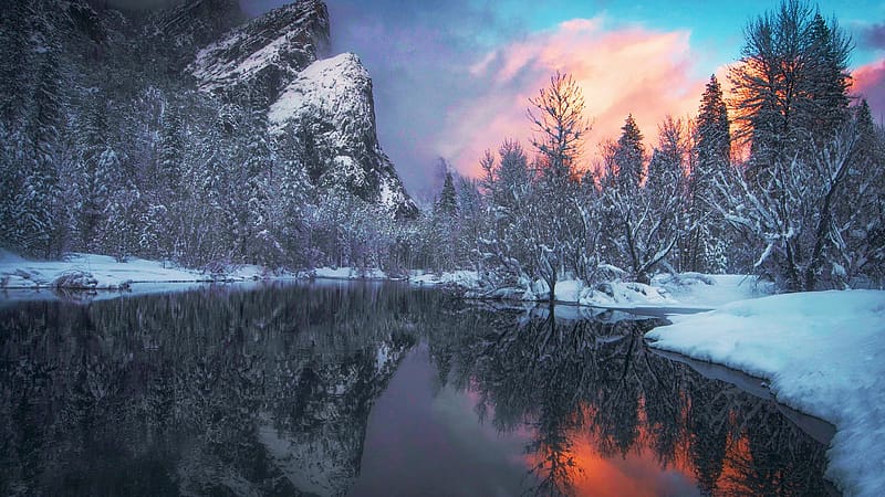 Merced River in Winter, Yosemite NP, California, sky, half dome, water, mountains, reflections, sunset, usa, snow, trees, clouds, HD wallpaper