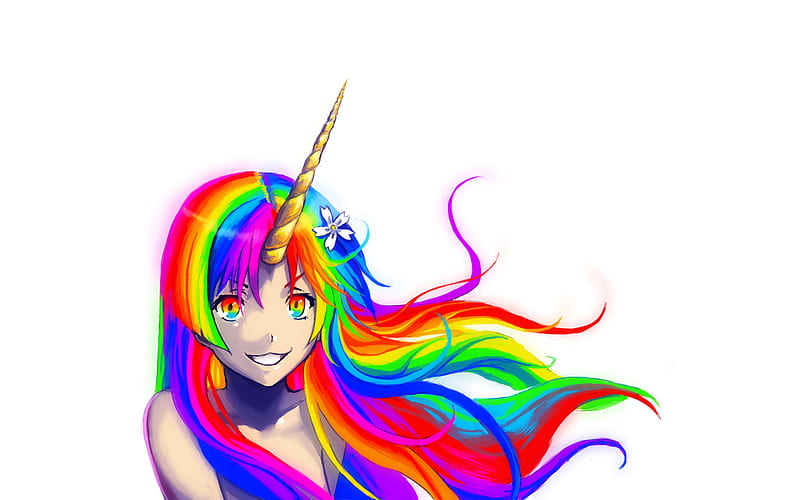 rainbow girl, colorful, girl, anime, horn, HD wallpaper