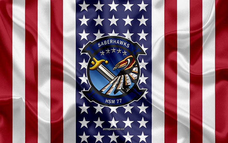Helicopter Maritime Strike Squadron 77, HSM-77 Saberhawks Emblem, American Flag, US Navy, USA, HSM-77 Saberhawks Badge, US warship, Emblem of the HSM-77 Saberhawks, HD wallpaper