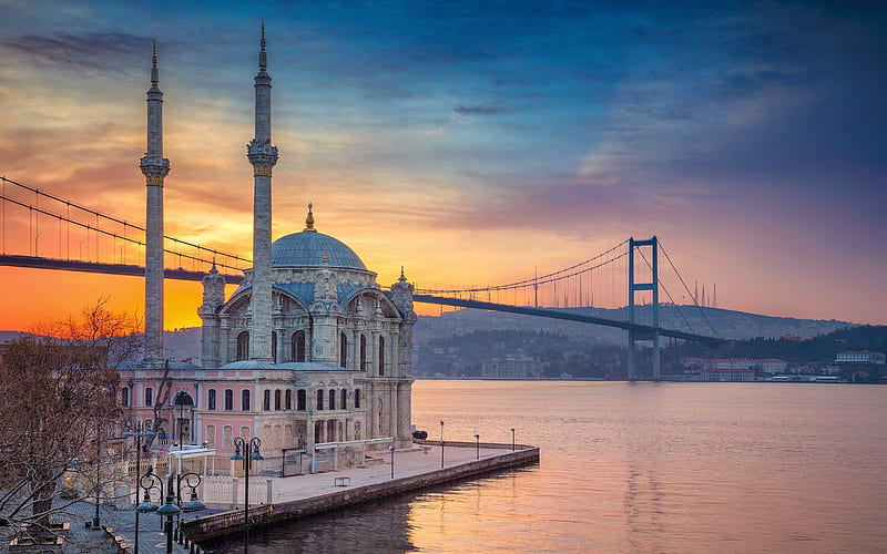 Ortakoy Mosque, Buyuk Mecidiye Camii, Bosphorus, Istanbul, Bosphorus bridge, evening, sunset, mosque, Turkey, HD wallpaper