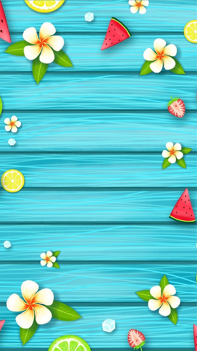 Summer, blue, drawings, flowers, fruits, watermelon, wood, HD phone wallpaper