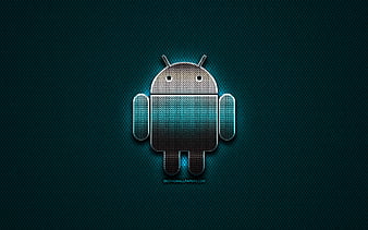 Android glitter logo, OS, metal grid background, Android 3D logo ...
