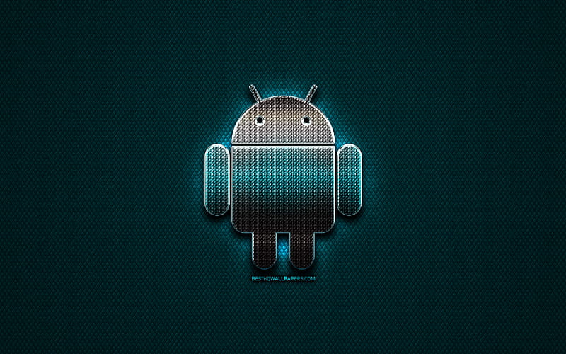 Android glitter logo, creative, blue metal background, Android logo, brands, Android, HD wallpaper