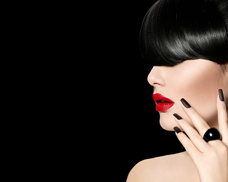 Beauty, red, model, black, woman, lips, anna subbotina, girl, hand, face, ring, HD wallpaper