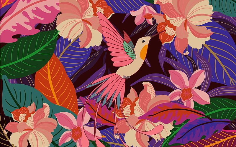 Hummingbird and Flowers, flowers, hummingbird, digital art, vector, HD wallpaper