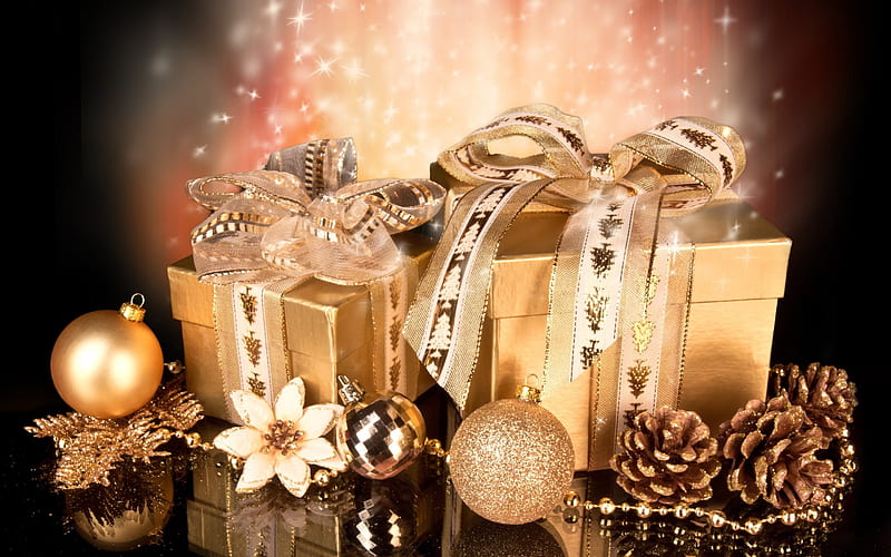 Christmas, New Year's gifts, golden Christmas balls, cones, HD wallpaper