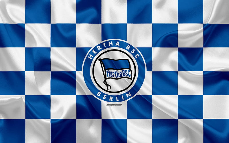 Hertha BSC logo, creative art, blue white checkered flag, German football club, Bundesliga, emblem, silk texture, Berlin, Germany, football, Hertha Berlin FC, HD wallpaper