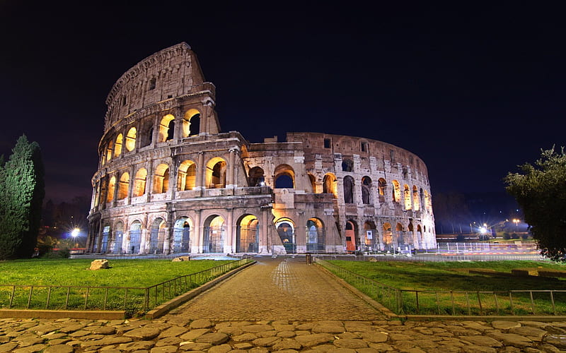 Colosseum, architecture, Italia, lovely, view, grass, Italy, bonito, Rome, lights, monument, city, splendor, Roma, beauty, nature, HD wallpaper