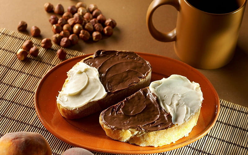 Good morning!, good morning, brown, food, chocolate, tea, sweet, nuts, butter, cup, creme, HD wallpaper