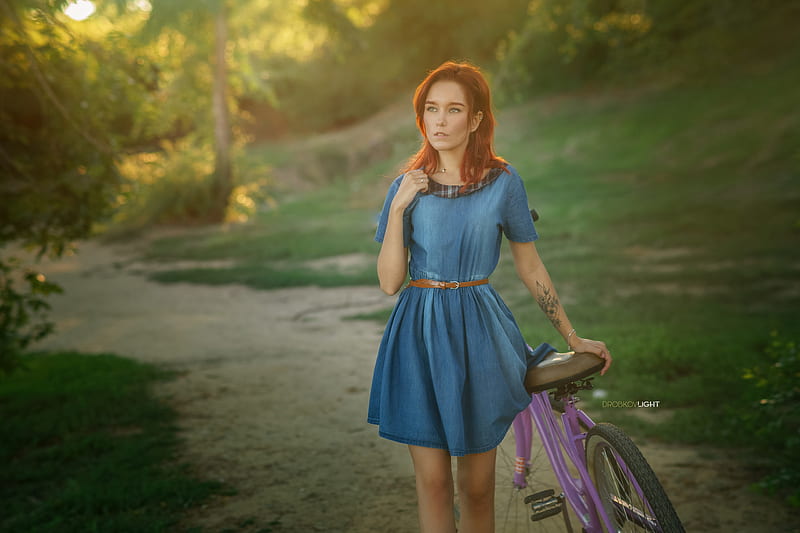 Women, Mood, Bicycle, Dress, Girl, Maria Larina, Model, Redhead, Tattoo, HD wallpaper