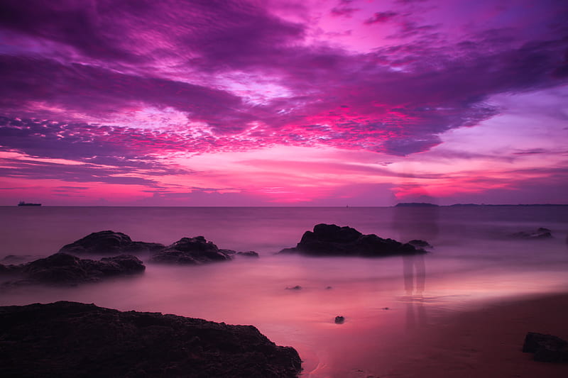 sea, coast, twilight, purple, silhouette, shadow, HD wallpaper