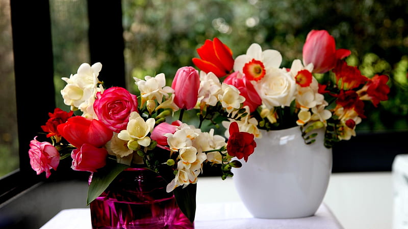 Mixed Flowers and Vases, sia, vases, daffodils, flowers, nature, tulips, roses, HD wallpaper