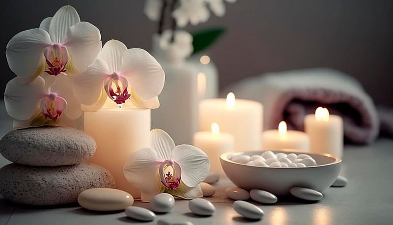 Still life, Candles, Stones, Spa, Bowl, Flowers, HD wallpaper
