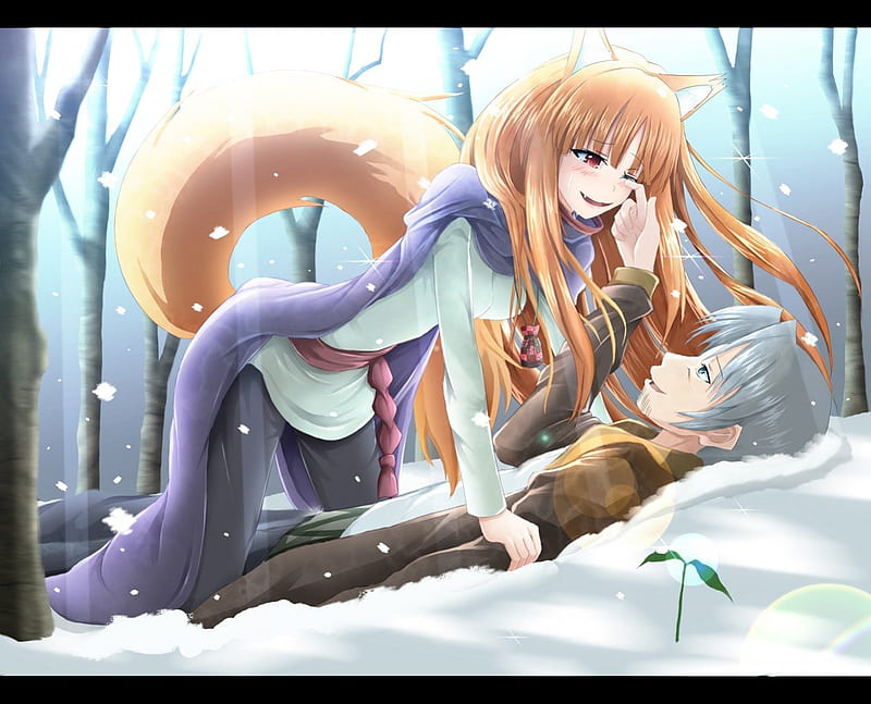 Take My Pain Away, forest, wolfgirl, tail, winter, craft lawrence, crying, snow, anime, love, tears, holo, spice and wolf, HD wallpaper