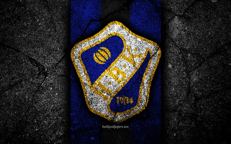 Halmstad FC, emblem, Allsvenskan, football, black stone, Sweden, Halmstad, logo, asphalt texture, FC Halmstad, HD wallpaper