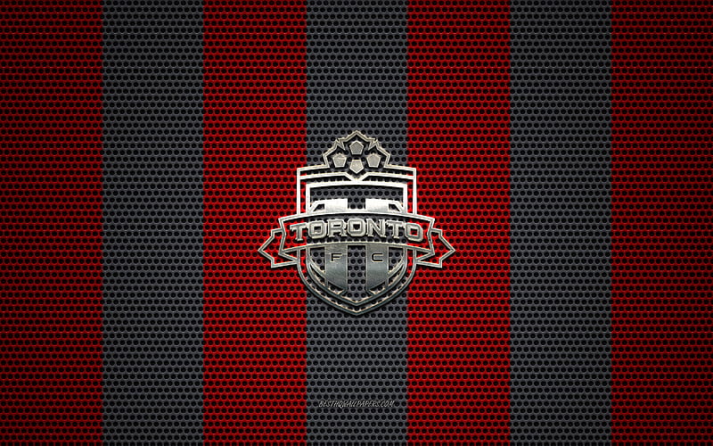 Toronto FC logo, Canadian soccer club, metal emblem, red-black metal mesh background, Toronto FC, MLS, Toronto, Ontario, Canada, USA, soccer, HD wallpaper