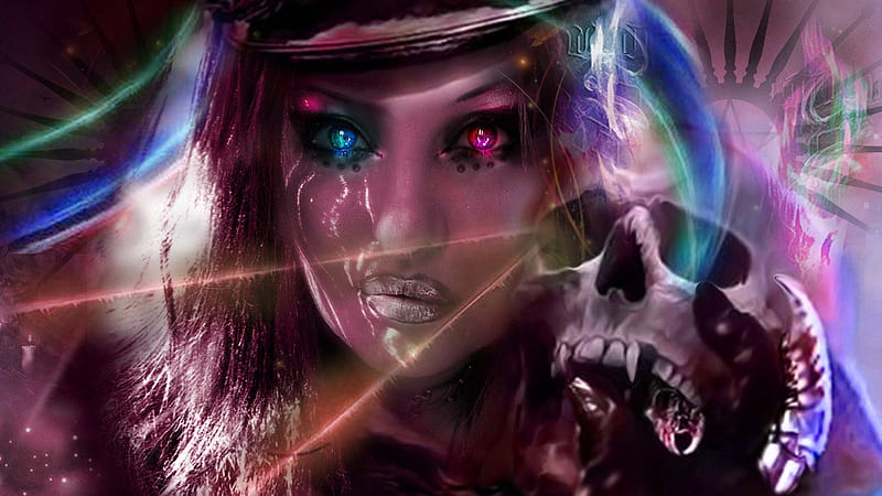 possesing this war of flashing lights hit me with them lazer beams, guerra, steampunked, lazer beam, woman, lights, goth, fantasy, weird, possesed, party, neon, cyber, wow, eyes, skull, HD wallpaper