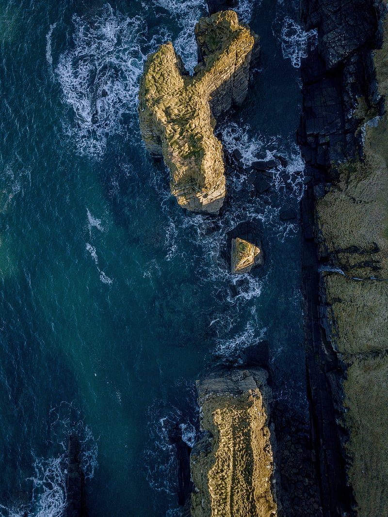 sea, rocks, aerial view, water, waves, HD phone wallpaper