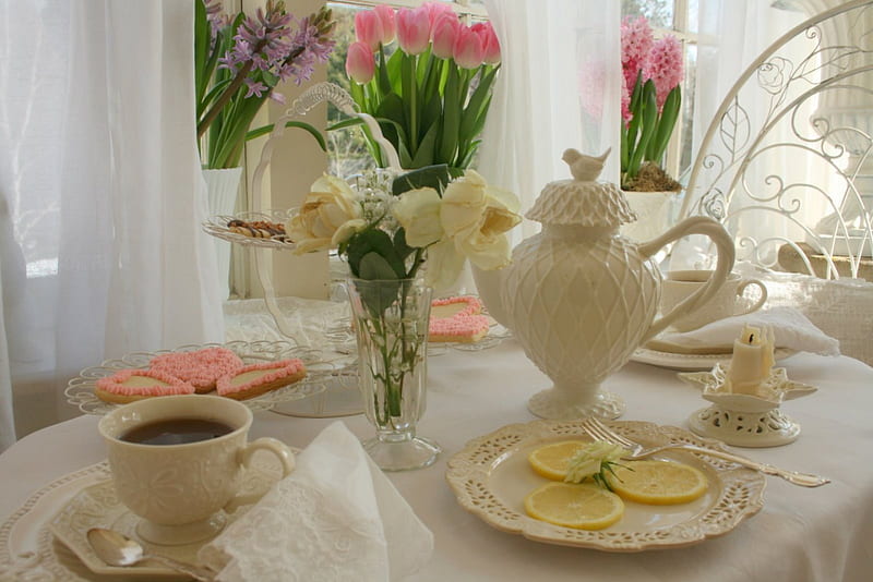 Tea with lemon, masa, terasa, primavara, ceai, HD wallpaper