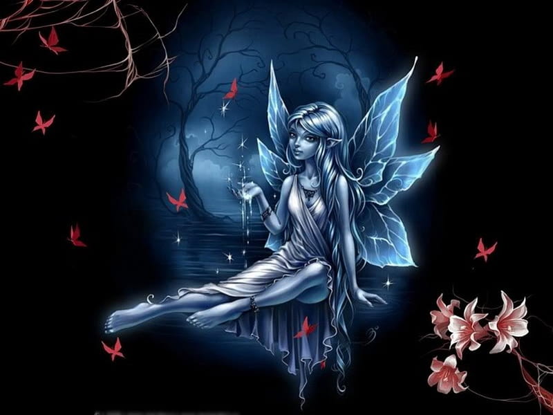 Fairy in Blue, lillies, wings, fairytales, butterfly, flowers, HD wallpaper