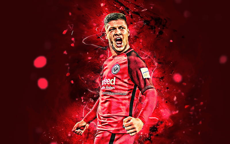 Luka Jovic, red uniform, Eintracht Frankfurt FC, serbian footballers, soccer, Jovic, Bundesliga, football, neon lights, abstract art, Germany, HD wallpaper