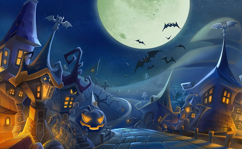 Halloween Spooky Night Full Moon Ultra, Holidays, Halloween, Moon, Night, Spooky, Bats, fullmoon, jackolantern, HD wallpaper