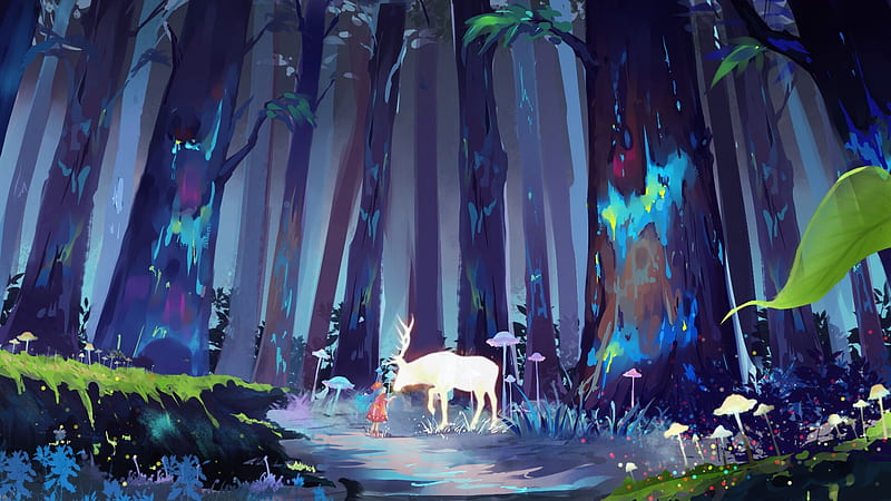Deer spirit, luminos, girl, white, deer, blue, forest, art, spirit, tree, fantasy, HD wallpaper