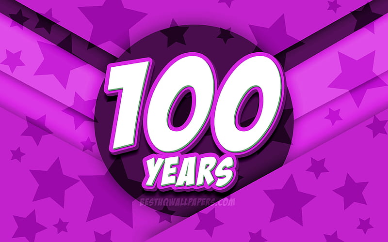 Happy 100 Years Birtay, comic 3D letters, Birtay Party, violet stars background, Happy 100th birtay, 100th Birtay Party, artwork, Birtay concept, 100th Birtay, HD wallpaper