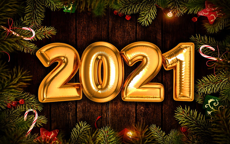Happy New Year 2021, christmas tree frame 2021 golden digits, 2021 concepts, 2021 on wooden background, 2021 year digits, golden balloons, 2021 New Year, HD wallpaper