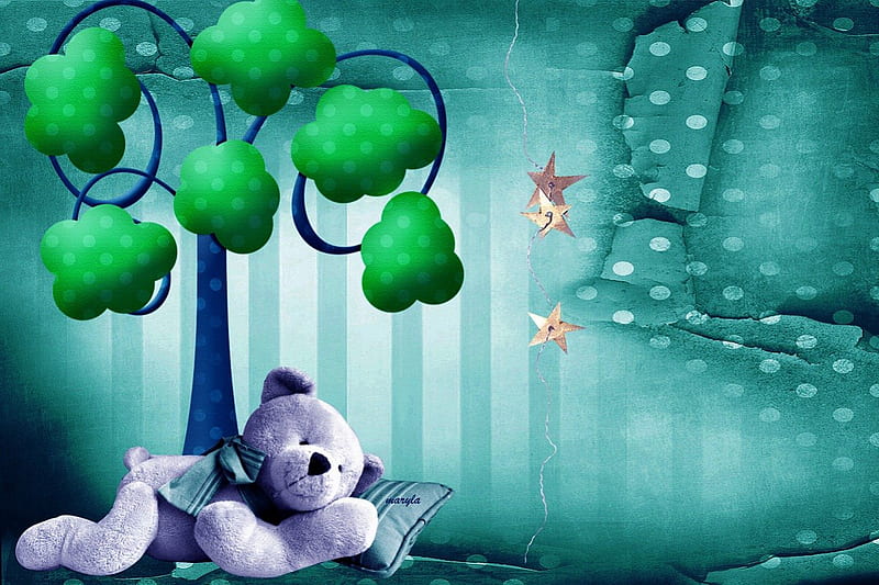 rest teddy, stars, rest, teddy, bear, cartoon, sweet, tree, green, sleepy, blue, HD wallpaper