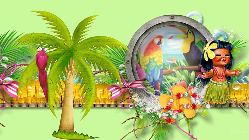 Island Dream, hawai, firefox persona, doll, fantasy, green, bird, flowers, parrots, palm tree, HD wallpaper