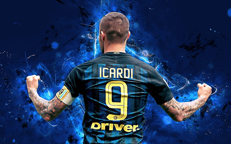Mauro Icardi, back view, abstract art, Italy, Internazionale, football, Serie A, Icardi, Inter Milan, soccer, Argentine footballer, footballers, neon lights, Inter Milan FC, HD wallpaper