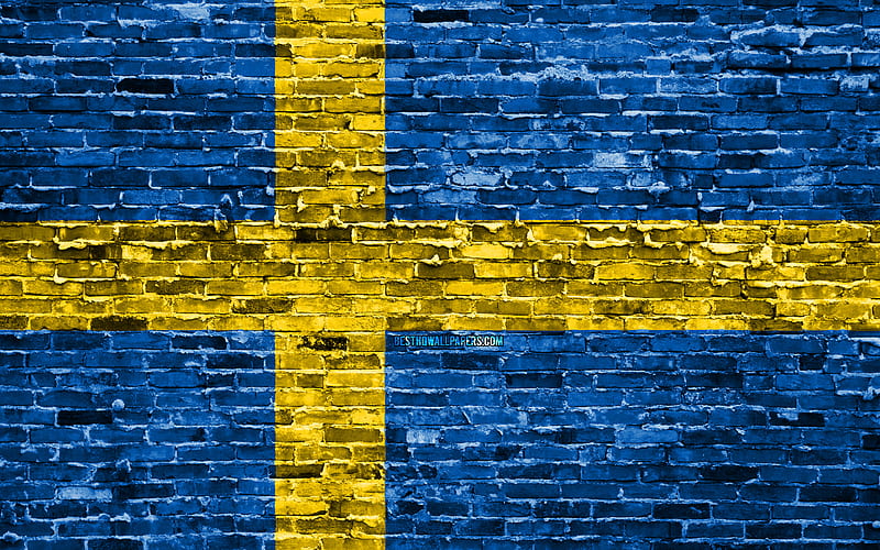 Swedish flag, bricks texture, Europe, national symbols, Flag of Sweden, brickwall, Sweden 3D flag, European countries, Sweden, HD wallpaper
