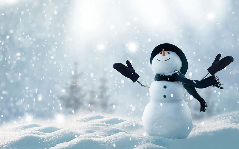snowman, winter, snowfall, snowdrifts, 3D art, snowflakes, HD wallpaper