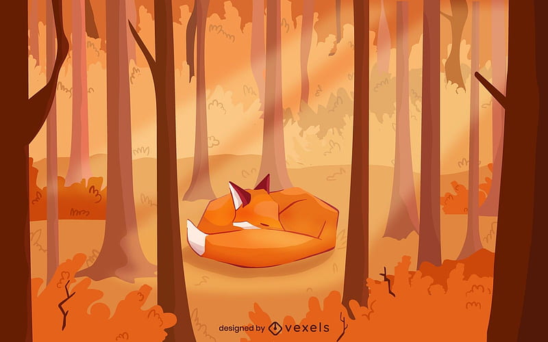 Sleeping fox, toamna, orange, forest, fox, sleep, tree, vulpe, vexels, autumn, tumn, HD wallpaper