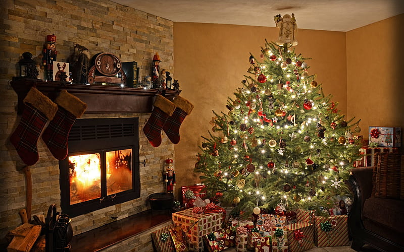 Christmas, Christmas decorations, New Year, Christmas tree, fireplace, HD wallpaper